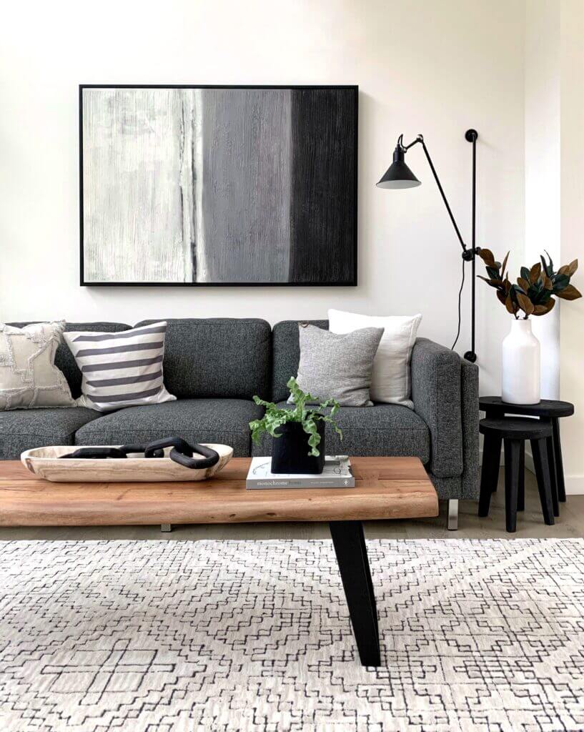 scandinavian furniture with cofee table and grey sofa