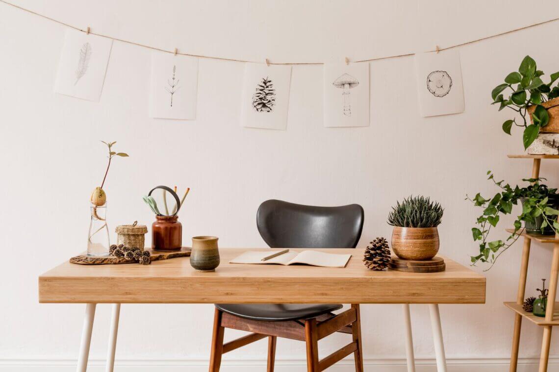Wooden desk with natural accessories
