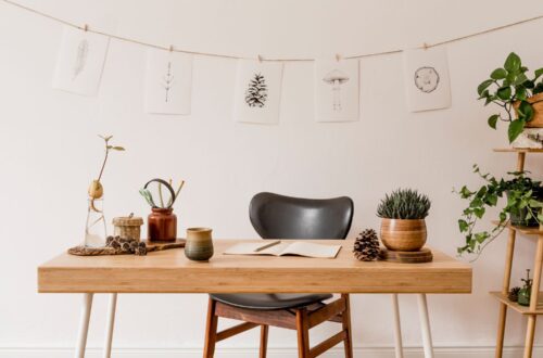 Wooden desk with natural accessories